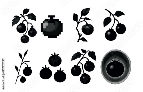 Artistic tomato icon set – silhouettes, pixel, minimalist, abstract, nature. Vector icons set