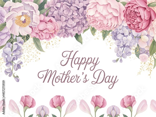 Fototapeta Naklejka Na Ścianę i Meble -  Watercolor happy mothers day card with pink peonies and lilac hydrangeas floral design