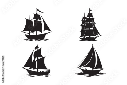 Vintage Sailboat Silhouette Vector Set for Nautical Art and Tattoo Designs