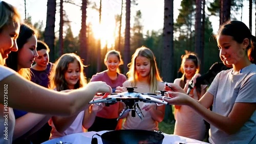 Group of young friends collaborating on an experience, in a forest at sunset, assembling a drone while participating in hands-on technology learning and fostering teamwork and innovation.