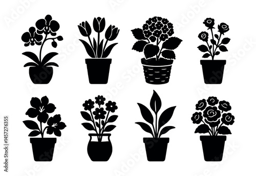 Mother's day floral icons set – orchids, tulips, hydrangeas, flowers, pots, silhouettes. Vector icons set