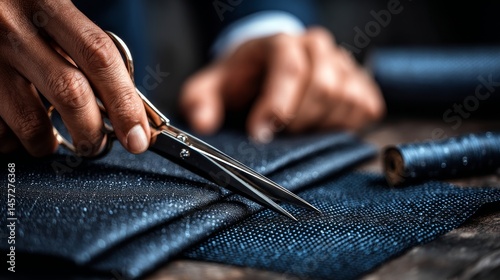 Tailor cutting fabric with scissors for a bespoke suit