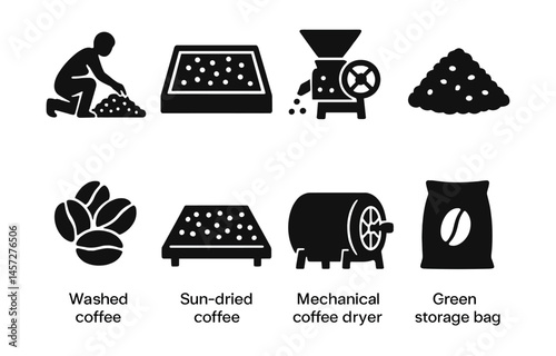 Coffee processing icons set – washed, sun-dried, mechanical dryer, storage bag, beans. Vector icons set