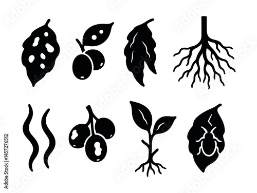 Coffee plant disease icons set – leaf spot, berry, wilt, root rot, web blight, stems. Vector icons set