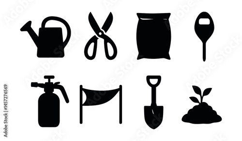 Coffee plant care icons set – watering can, pruning shears, fertilizer bag, spade, seedling. Vector icons set