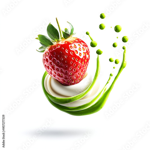 A floating half-cut strawberry in the air, studio setting, isolated on a white background with no shadows. A delicate matcha sauce flows over the strawberry, thin and smooth, with a swirl pattern of 