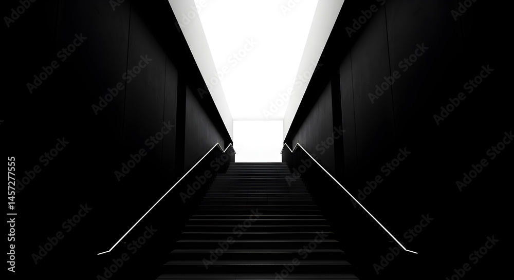 Fototapeta premium High Contrast Stairway With Dramatic Lighting And Dark Textured Walls Leading To A Bright Luminous Exit For Use As A Stock Photo