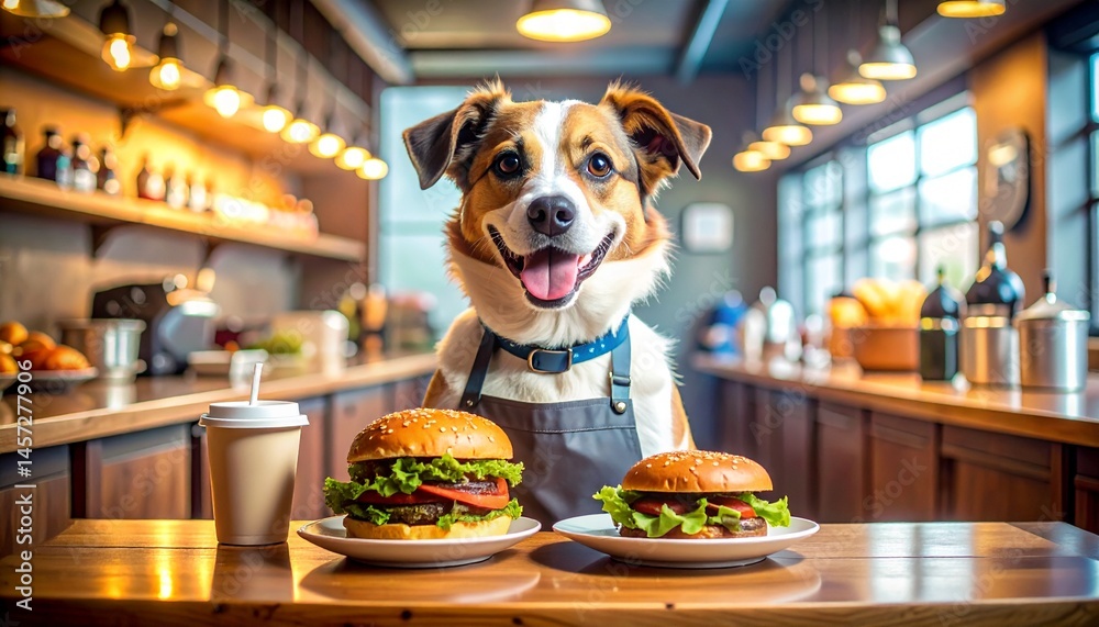 a dog serving up burgers in the kitchen