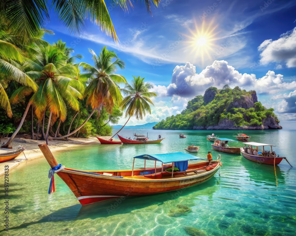 Boats Anchored Near a Tropical Island Shore in Vibrant Waters Generative AI Boats Anchored Near a Tropical Island Shore in Vibrant Waters Generative AI