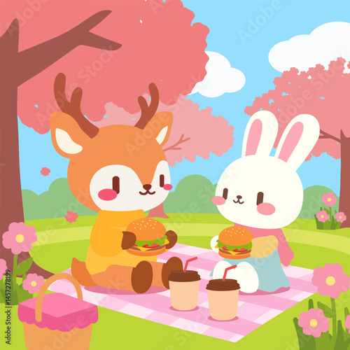 Cute Deer and Bunny Picnic Under Cherry Blossom Trees. Adorable Spring Picnic with Deer and Bunny Eating Burgers. Kawaii Animal Friends Enjoying Picnic in Sakura Park.