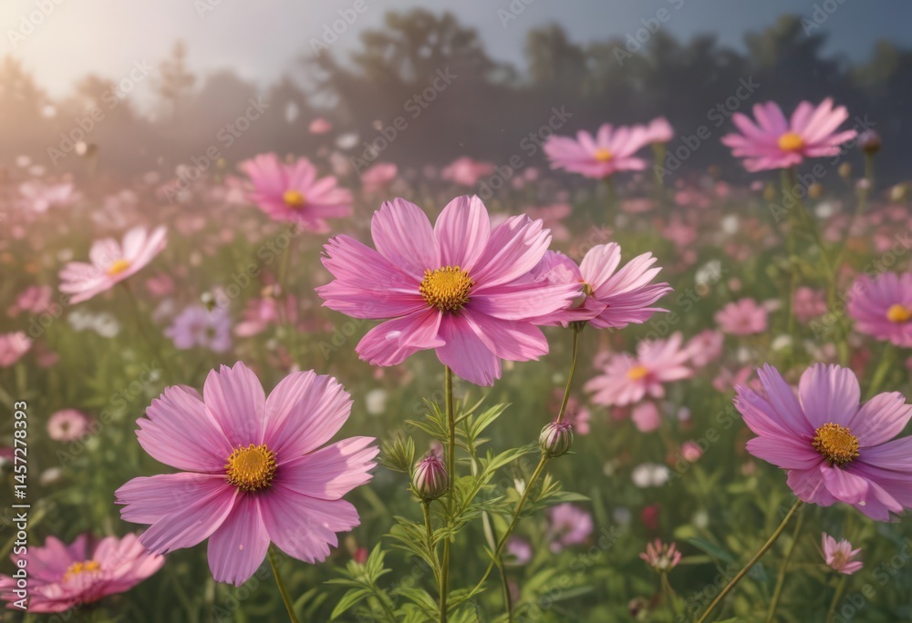 Pink cosmos flowers sway gently in a summer breeze , artistic, full frame, colorful Pink cosmos flowers sway gently in a summer breeze , artistic, full frame, colorful