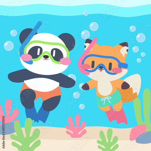 Cute Panda and Fox Snorkeling Underwater. Adorable Animal Friends Diving in Ocean with Snorkel Gear. 