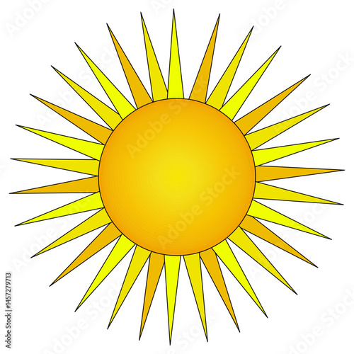 Cartoon warm summer sun with many golden pointed rays in the shape of elongated triangles on an isolated white background. Orange and yellow ray. For summertime, seasonal, weather, and outdoor designs