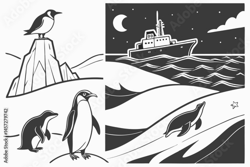 27 Arctic landscapes, minimalist black and white illustrations, icebergs, polar animals, penguins and seals, seabirds in flight, midnight sun, ocean waves, arctic explorer silhouette, research vessel,