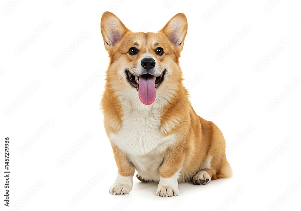A corgi dog sitting with its tongue out and smiling on a white background in a studio setting A corgi dog sitting with its tongue out and smiling on a white background in a studio setting