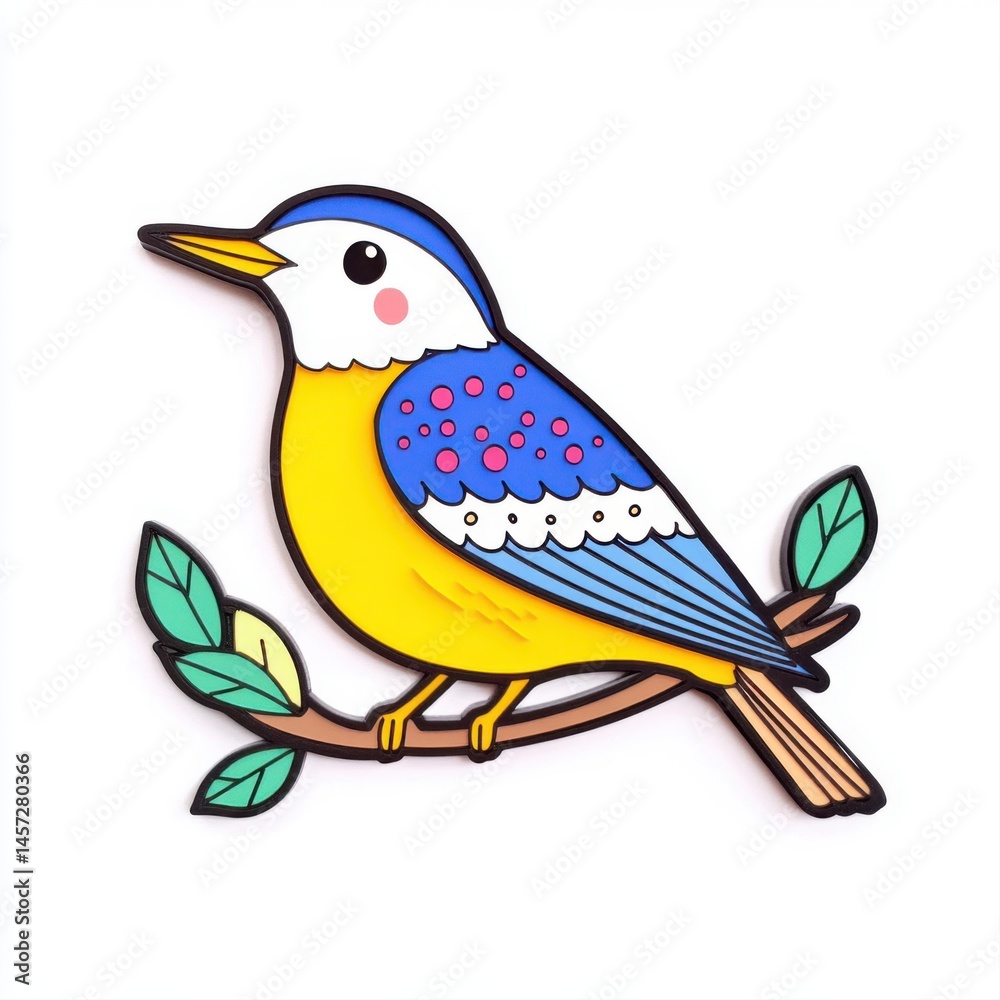 Colorful cartoon bird illustration on branch with vibrant detail and charm