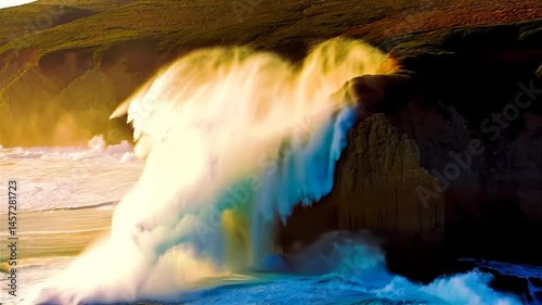 Aerial Ocean Waves Crashing on Cliffs with Warm Cinematic Coastline