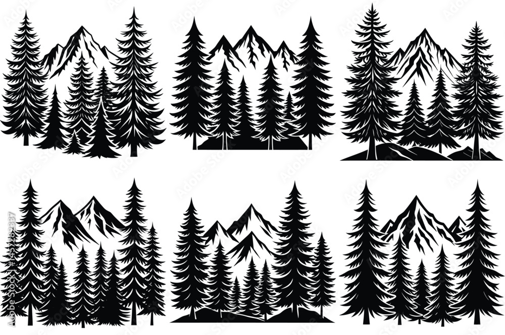 Obraz premium pine tree with mountain silhouette vector illustration isolated on white background.