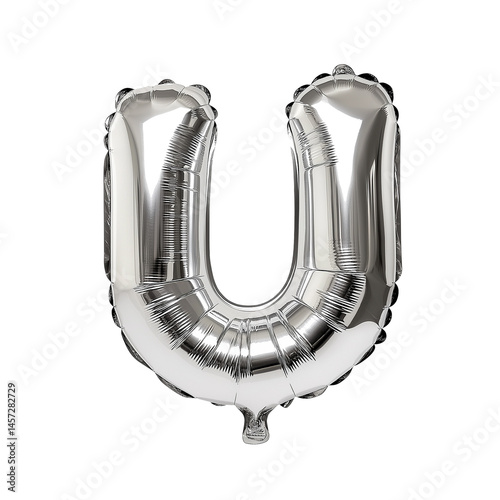 Silver balloon shaped like the letter U for celebrations PNG on a transparent background 