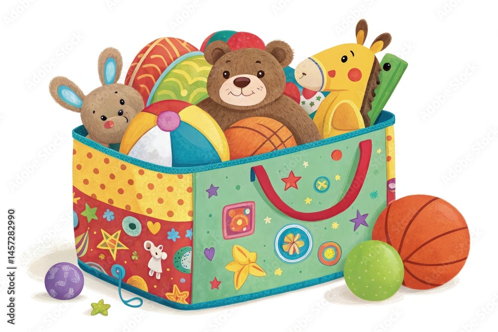 Obraz premium Colorful Toy Bag Overflowing With Stuffed Animals and Balls Generative AI