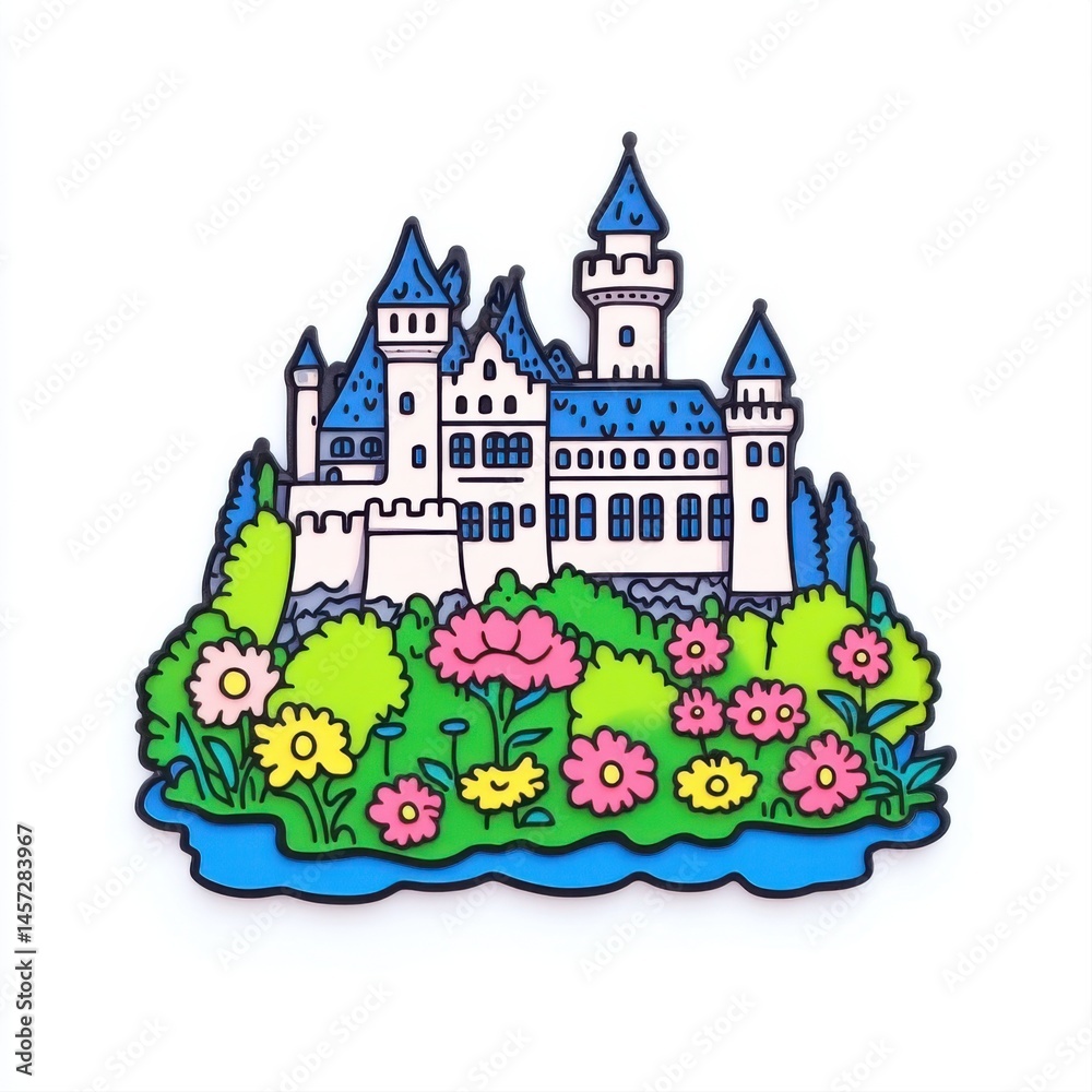 Colorful Cartoon Castle Surrounded by Vibrant Flowers in a Bright Landscape