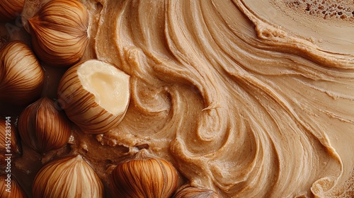 Delicious hazelnut spread with roasted hazelnuts texture background food rich cream brown sweet paste