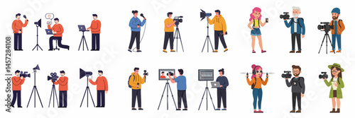 Flat Simple Minimalist Videographer Vector Set on White Background

