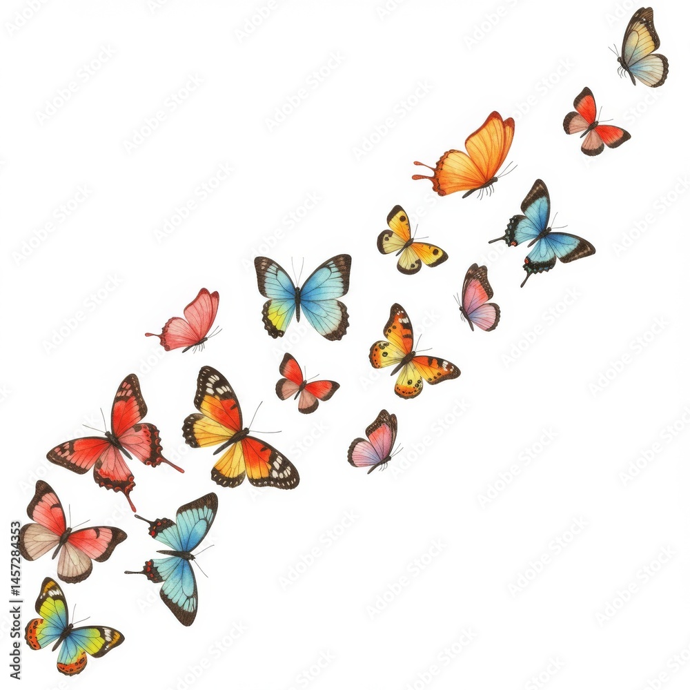 Colorful Butterflies in Flight on White Background Colorful Butterflies in Flight on White Background