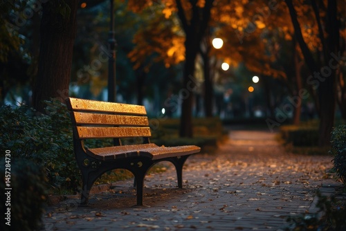 Empty park bench at twilight, autumnal colors.  Park path, trees, warm golden light.  Leaves scattered on the ground