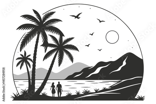 30 Sunset beach silhouette, moonlit sky, starry night, palm trees, mountains, reflective water, birds in flight, circular composition, black and white illustration, minimalist design, people watching 