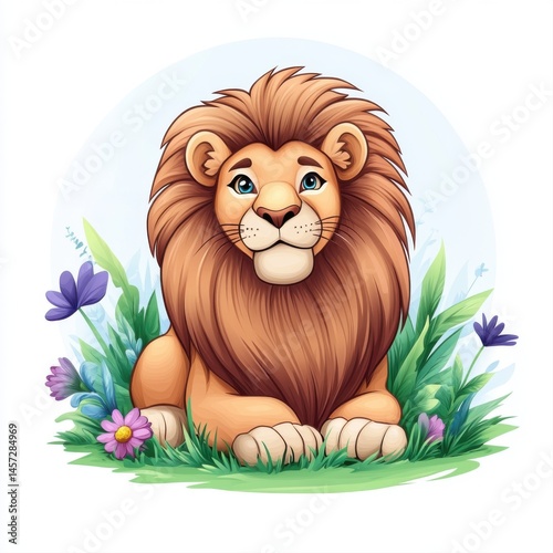 Obraz na płótnie Cartoon Lion Sitting Among Colorful Flowers and Green Grass w salonie