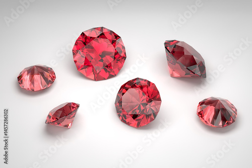 Scattering of rubies of different sizes on the white background. Exhibition of precious stones. Diamond cut. 3d rendering.