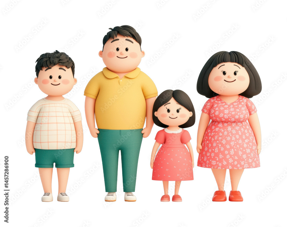 Animated family portrait with two adults and two children, cut out - stock png.