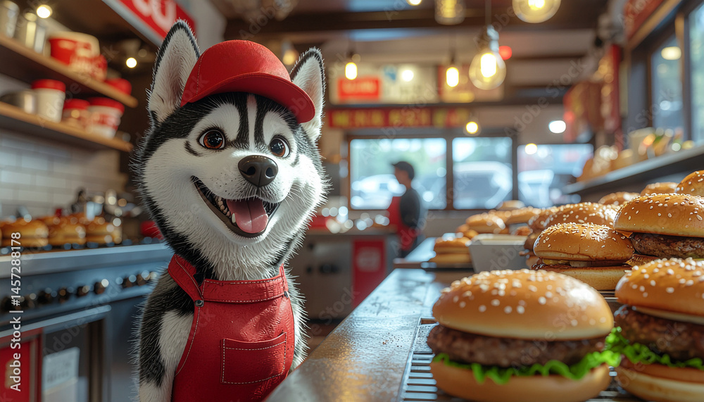 dog working in a burger restaurant