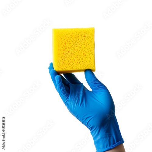 A gloved hand holds a bright yellow cleaning sponge against a black background