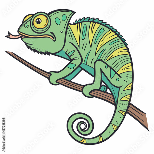 Chameleon on branch with tongue out