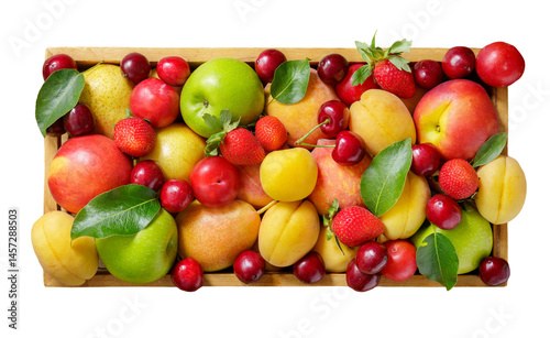 Fototapeta Naklejka Na Ścianę i Meble -  Mix of fresh fruits in wooden box isolated on transparent background, top view