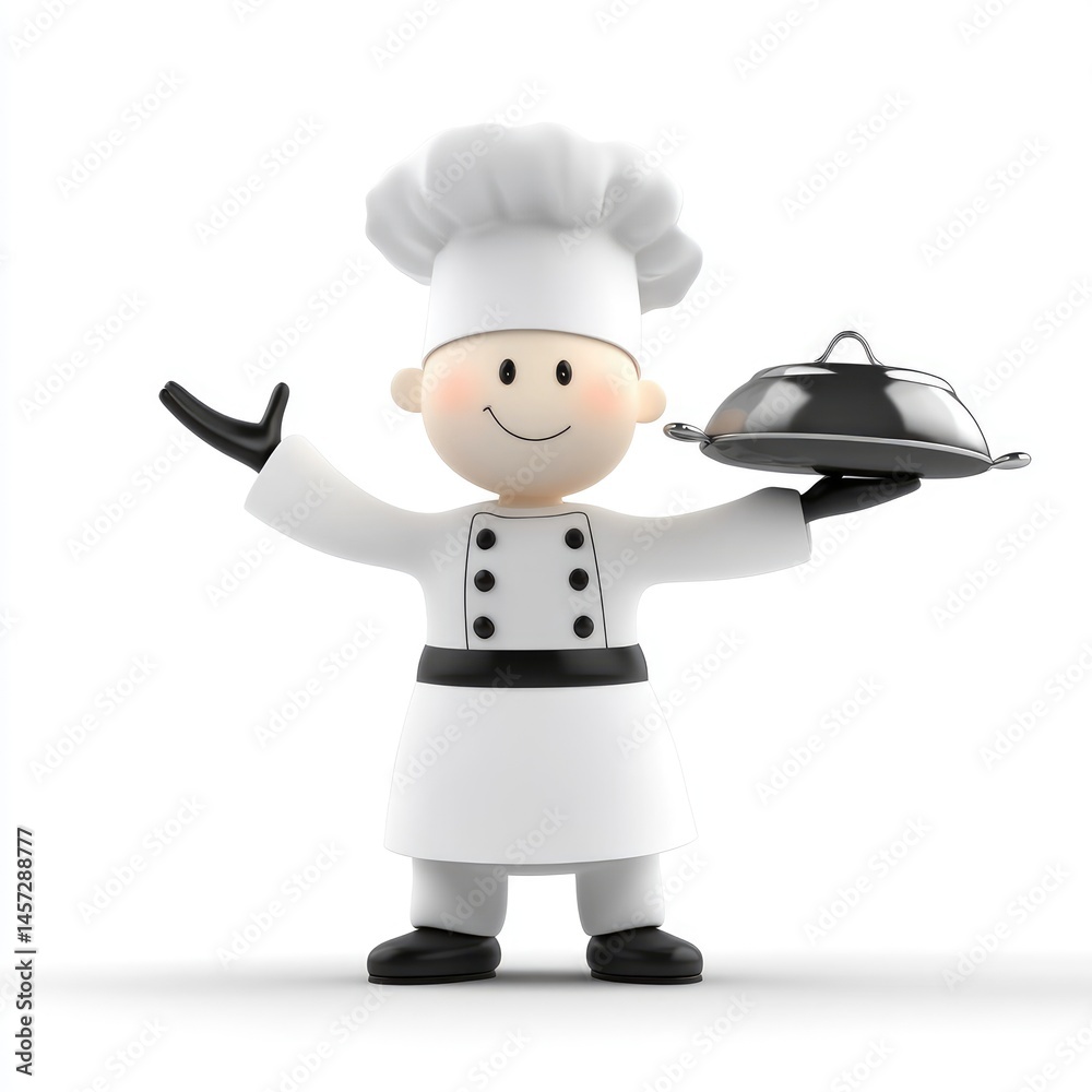 Cartoon chef character presenting a covered dish. Cartoon chef character presenting a covered dish.