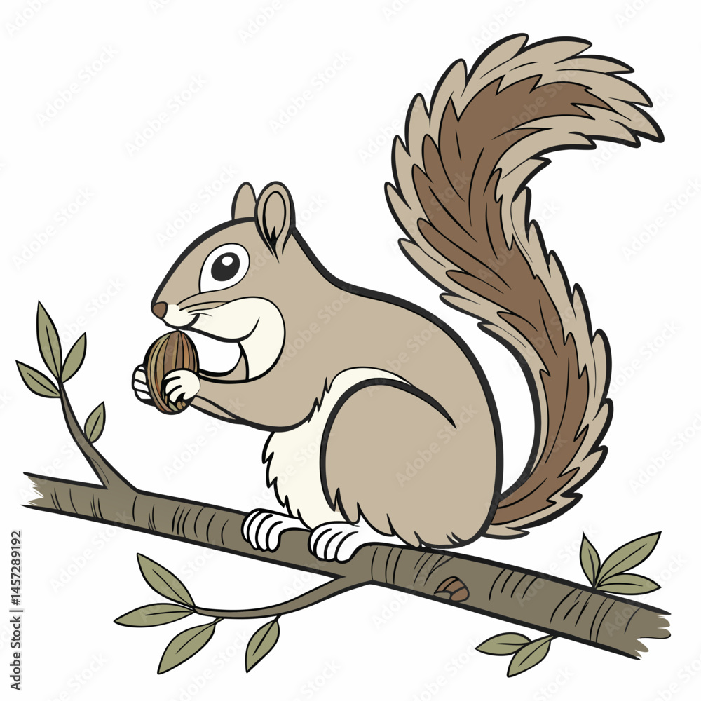 Obraz premium Squirrel holding nut on tree branch