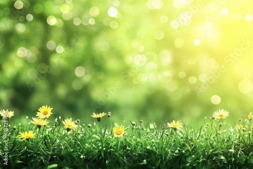 Yellow daisies blooming in a field of green grass under a bright sunny sky