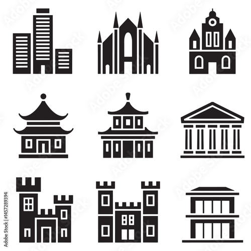 Modern Real Estate Building Icons Set, Minimalist Urban Architecture Logos