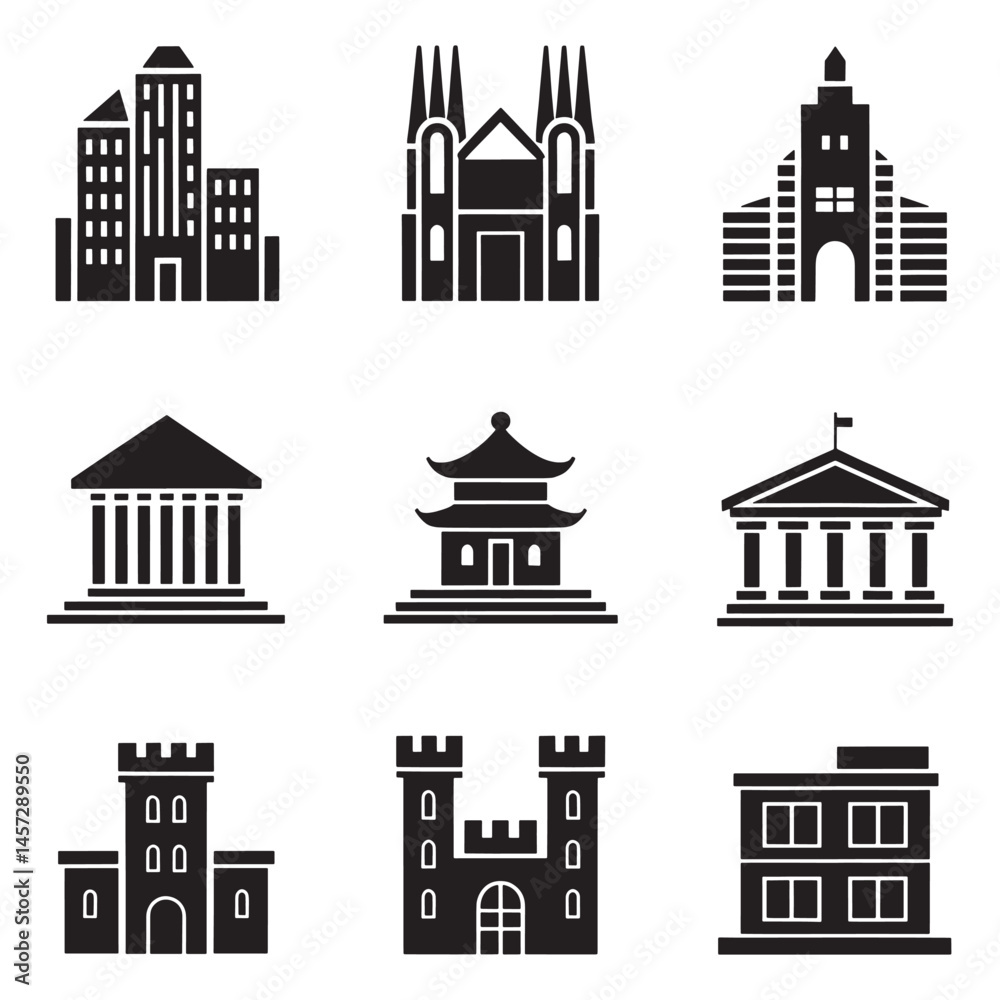 Fototapeta premium Modern Real Estate Building Icons Set, Minimalist Urban Architecture Logos