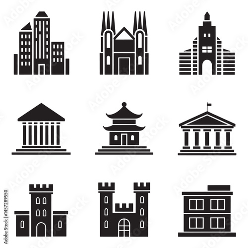 Modern Real Estate Building Icons Set, Minimalist Urban Architecture Logos