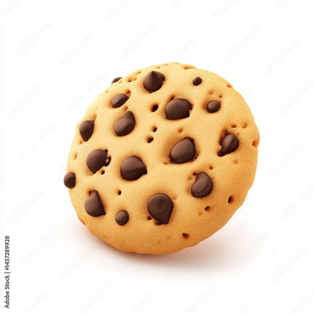 Fototapeta premium Round chocolate chip cookie, slightly angled, against a plain background.