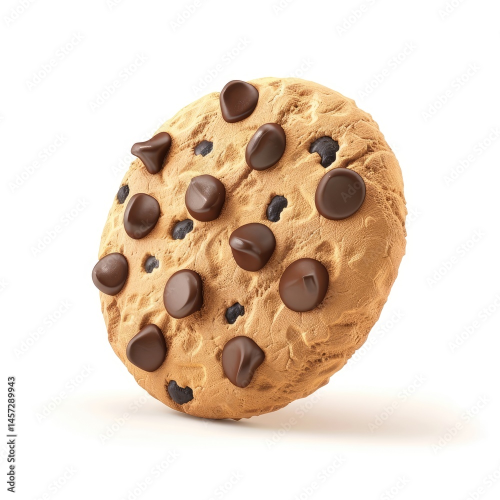 Fototapeta premium Round chocolate chip cookie, highlighted against white background.