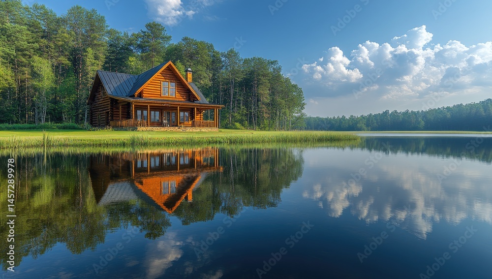 Obraz premium Lakeside cabin, summer morning, tranquil reflection, forest background; real estate