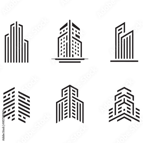 Modern Real Estate Building Icons Set, Minimalist Urban Architecture Logos