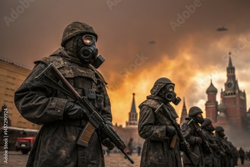 Soldiers in Modern Heavy Soviet Gear Standing in Moscow Generative AI