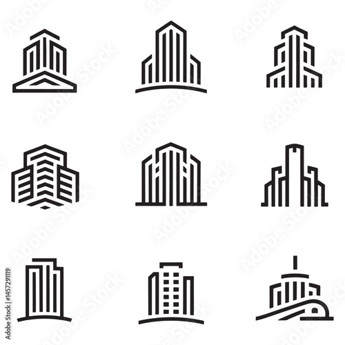 Modern Real Estate Building Icons Set, Minimalist Urban Architecture Logos