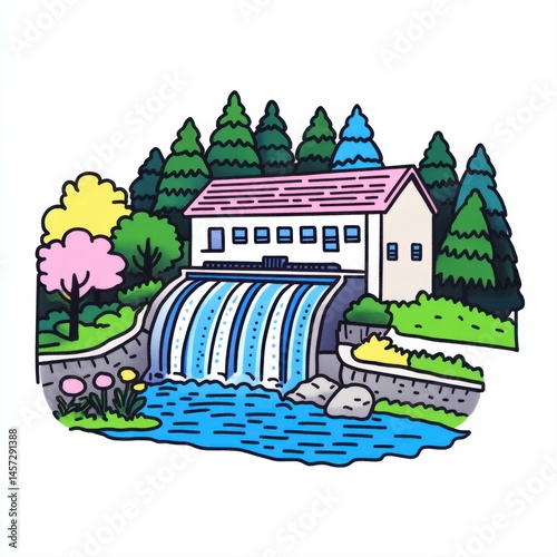 Obraz na płótnie Colorful Landscape with Waterfall and House Surrounded by Lush Nature w salonie